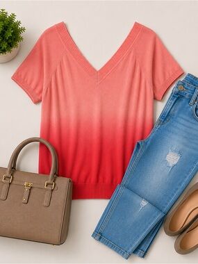 Fashion Bug 18/20 Pink Ombre Sweater Top Short Sleeve Lightweight Knit Plus Size